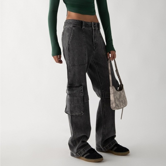 Oak + Fort Black Washed Cargo Jeans Baggy Loose Relaxed Sz 26 - Picture 3 of 12